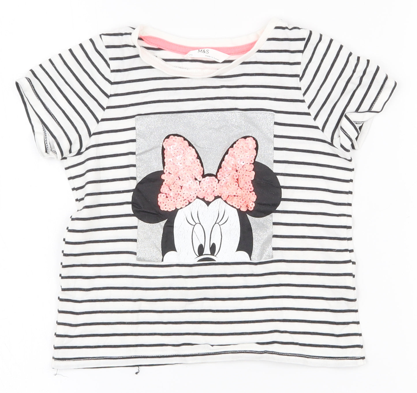 Marks and Spencer Girls White Striped 100% Cotton Basic T-Shirt Size 3-4 Years Round Neck Pullover - Minnie mouse