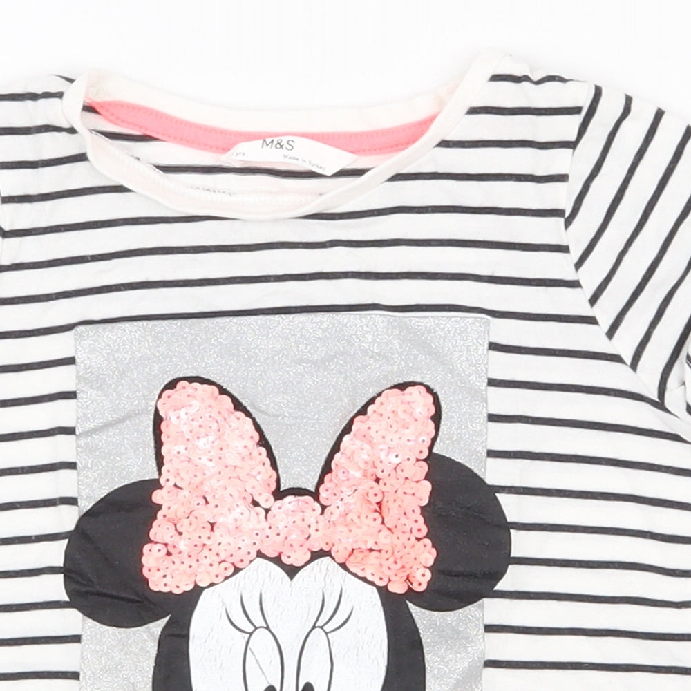 Marks and Spencer Girls White Striped 100% Cotton Basic T-Shirt Size 3-4 Years Round Neck Pullover - Minnie mouse