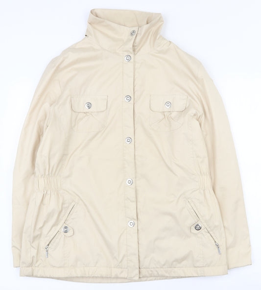 Front view of Dunnes women’s beige jacket, size UK 10, snap