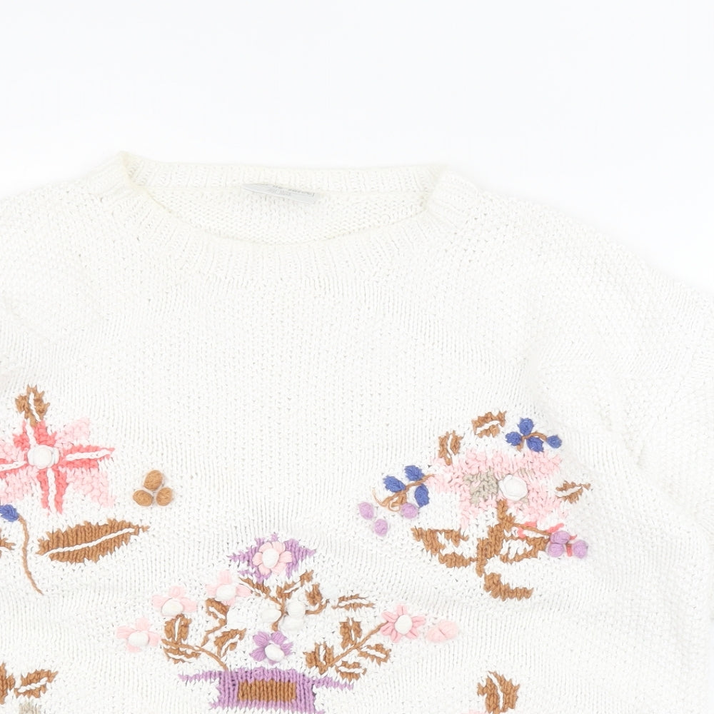 Tour de Force Womens White Round Neck  Ramie Pullover Jumper Size 14   - Flowers