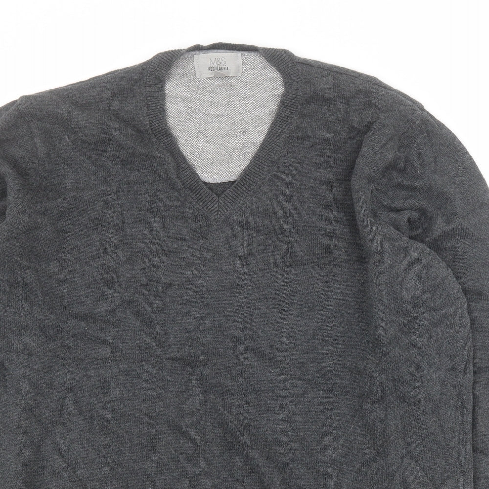 Marks and Spencer Mens Grey V-Neck  Cotton Pullover Jumper Size L