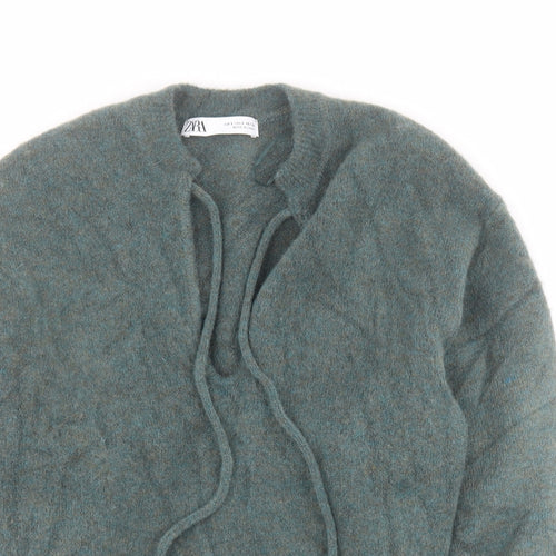 Zara Womens Green V-Neck  Acrylic Pullover Jumper Size S