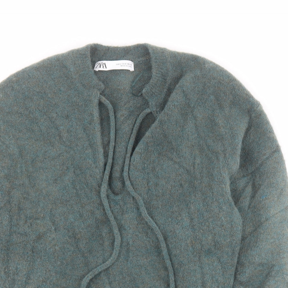 Zara Womens Green V-Neck  Acrylic Pullover Jumper Size S