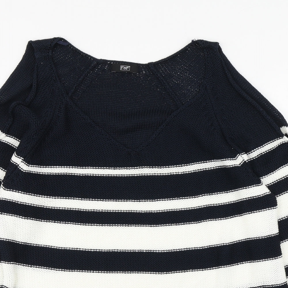 F&F Womens Blue Scoop Neck Striped Acrylic Pullover Jumper Size 14