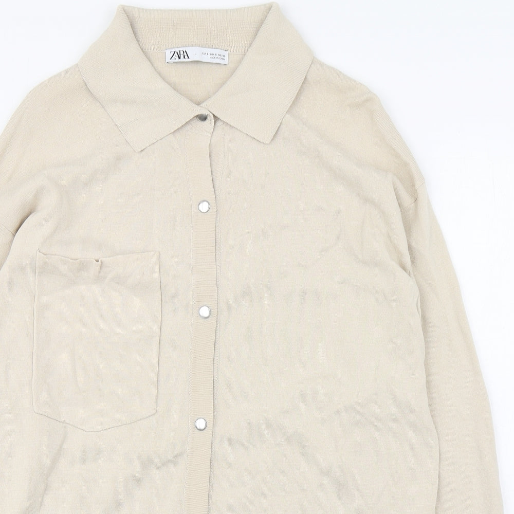 Zara Womens Beige Collared  Viscose Cardigan Jumper Size S