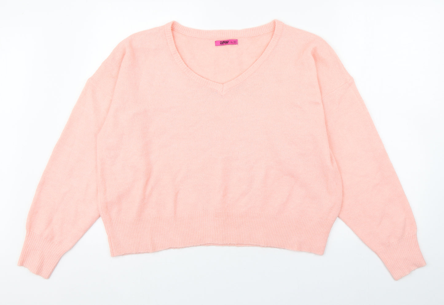 2Xtrenz Womens Pink V-Neck  Acrylic Pullover Jumper Size XL