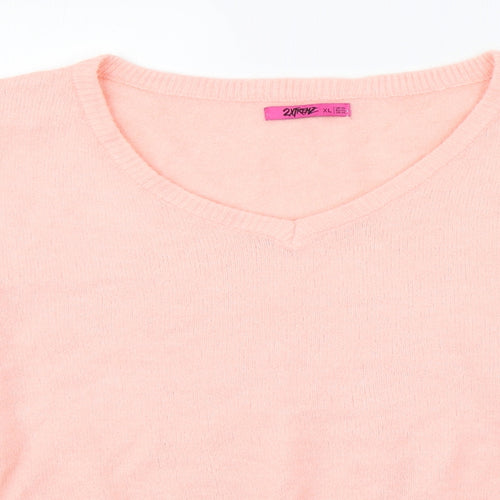 2Xtrenz Womens Pink V-Neck  Acrylic Pullover Jumper Size XL