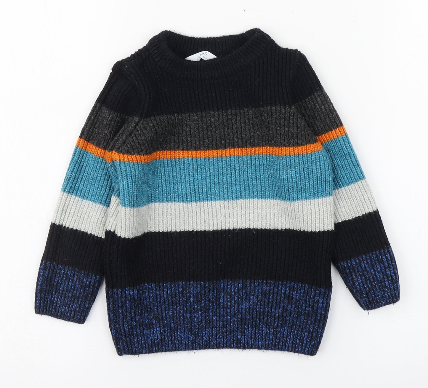 Marks and Spencer Boys Multicoloured Round Neck Striped Acrylic Pullover Jumper Size 2-3 Years