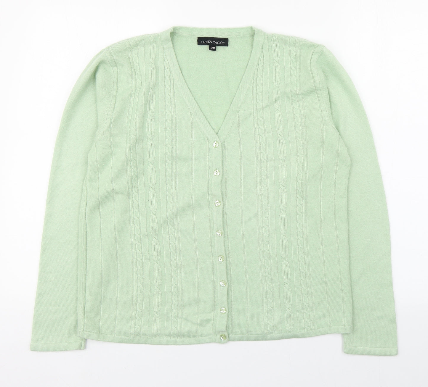 Lauren Taylor Womens Green V-Neck  Acrylic Cardigan Jumper Size S