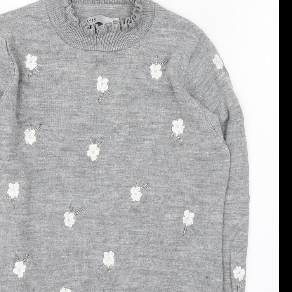 Oasis Womens Grey Geometric Acrylic Basic T-Shirt Size L High Neck