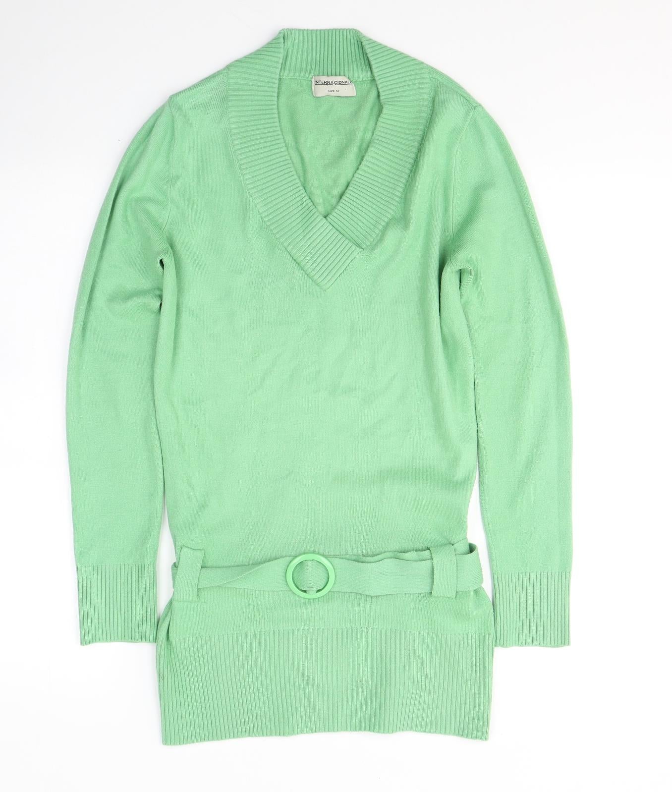 Internacionale Womens Green  Acrylic Tunic Blouse Size 12 V-Neck