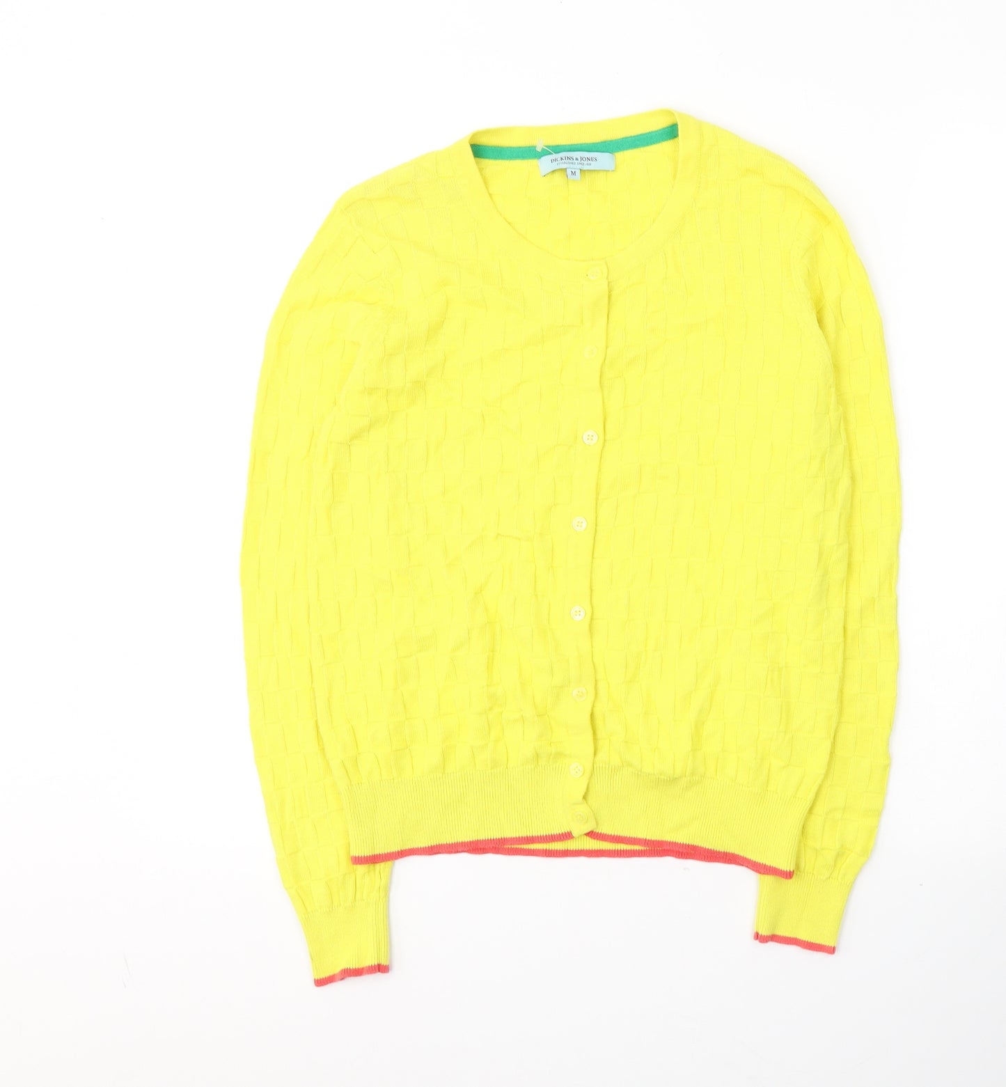 Dickins & Jones Womens Yellow V-Neck Geometric Cotton Cardigan Jumper Size M