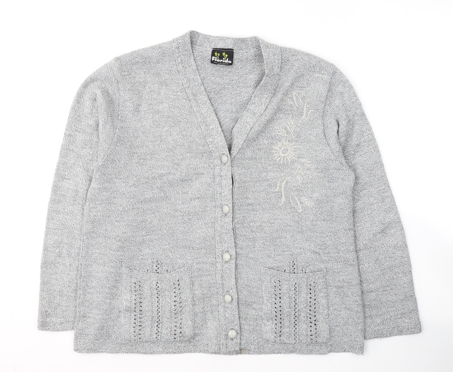 Florida Womens Grey V-Neck  Acrylic Cardigan Jumper Size S