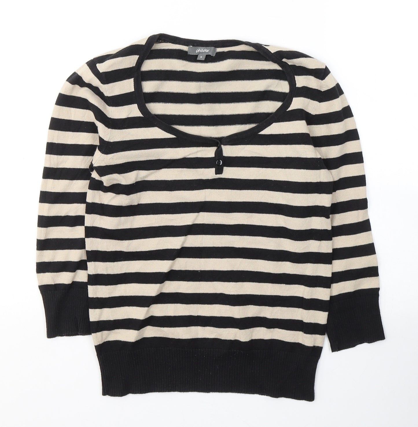Phildar Womens Black Round Neck Striped Acrylic Pullover Jumper Size S