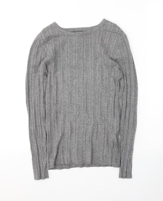 Front view of Primark women’s grey round neck polyester jumper, size UK 12