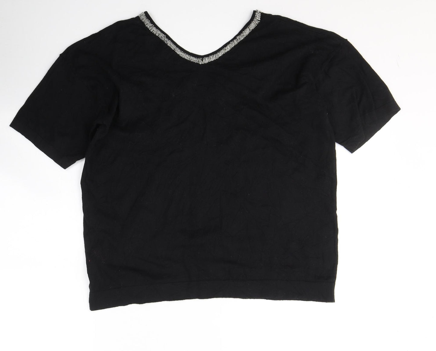 NEXT Womens Black  Polyester Basic T-Shirt Size 14 V-Neck - Glitter Detail