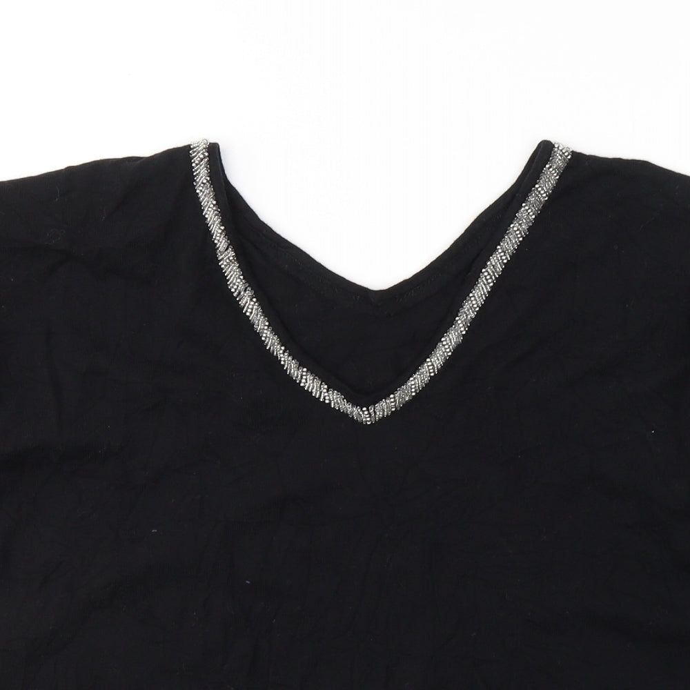 NEXT Womens Black  Polyester Basic T-Shirt Size 14 V-Neck - Glitter Detail