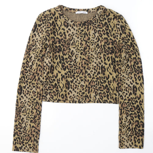 Zara Womens Beige Animal Print Cotton Cropped Blouse Size S Round Neck