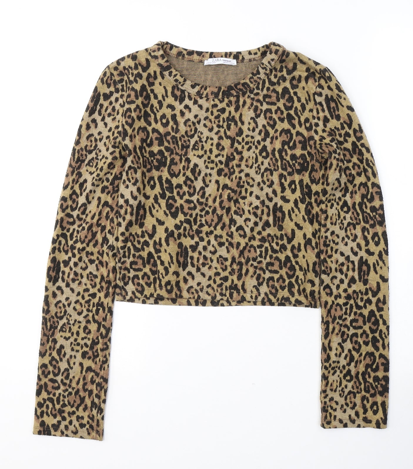 Zara Womens Beige Animal Print Cotton Cropped Blouse Size S Round Neck