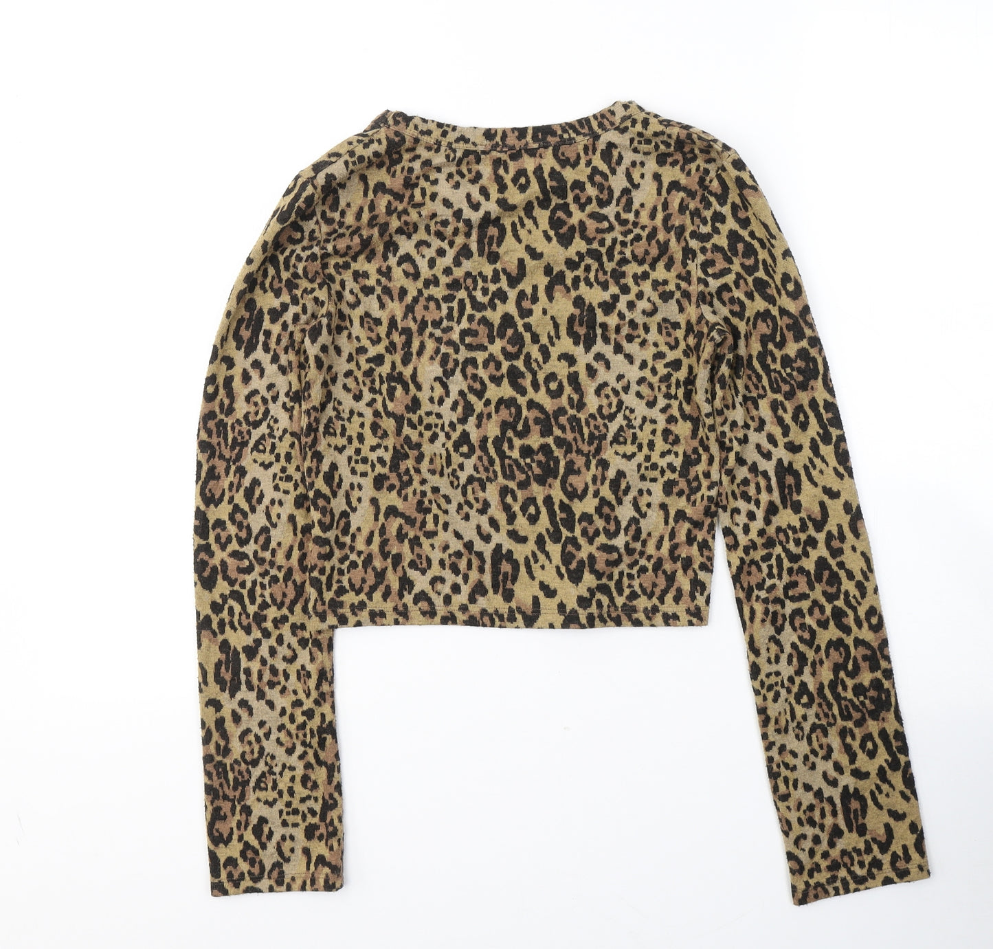 Zara Womens Beige Animal Print Cotton Cropped Blouse Size S Round Neck