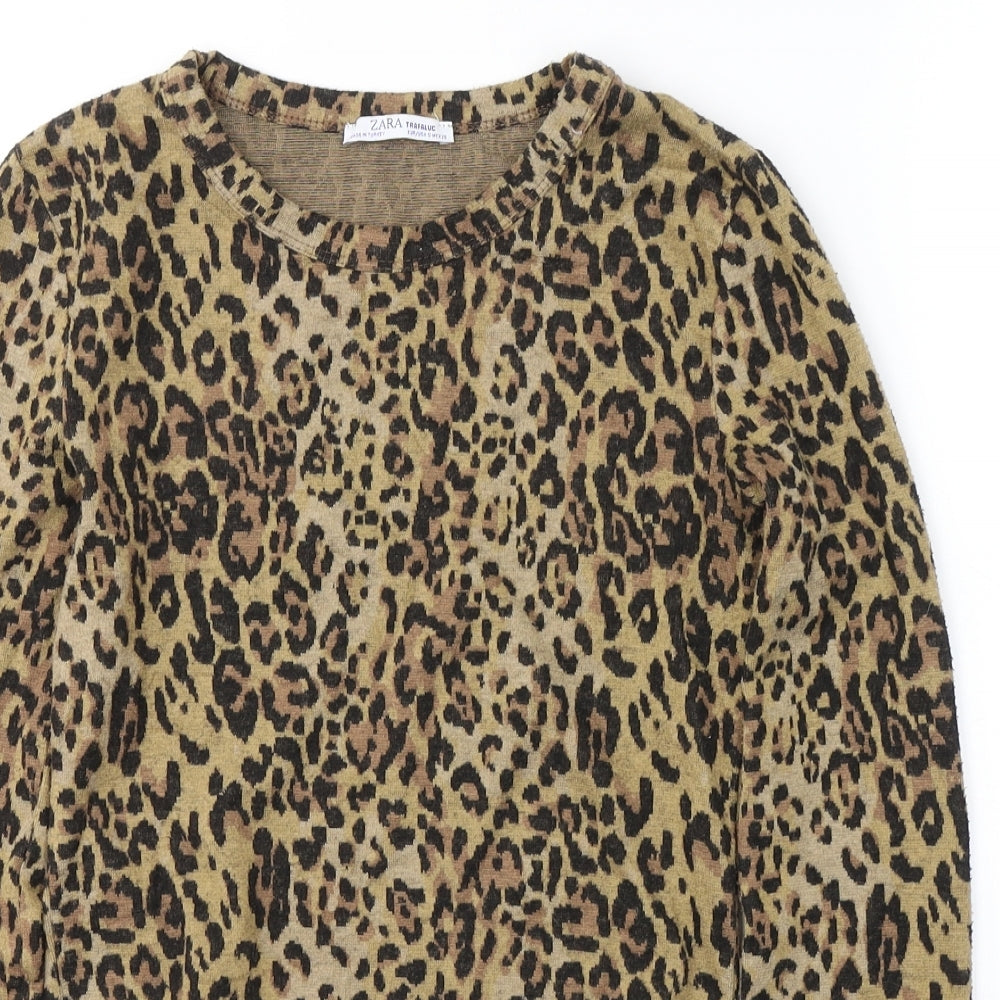 Zara Womens Beige Animal Print Cotton Cropped Blouse Size S Round Neck