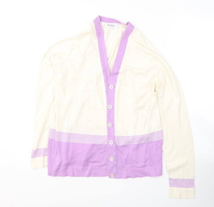 Johnstons Womens Ivory V-Neck Striped Cotton Cardigan Jumper Size XL