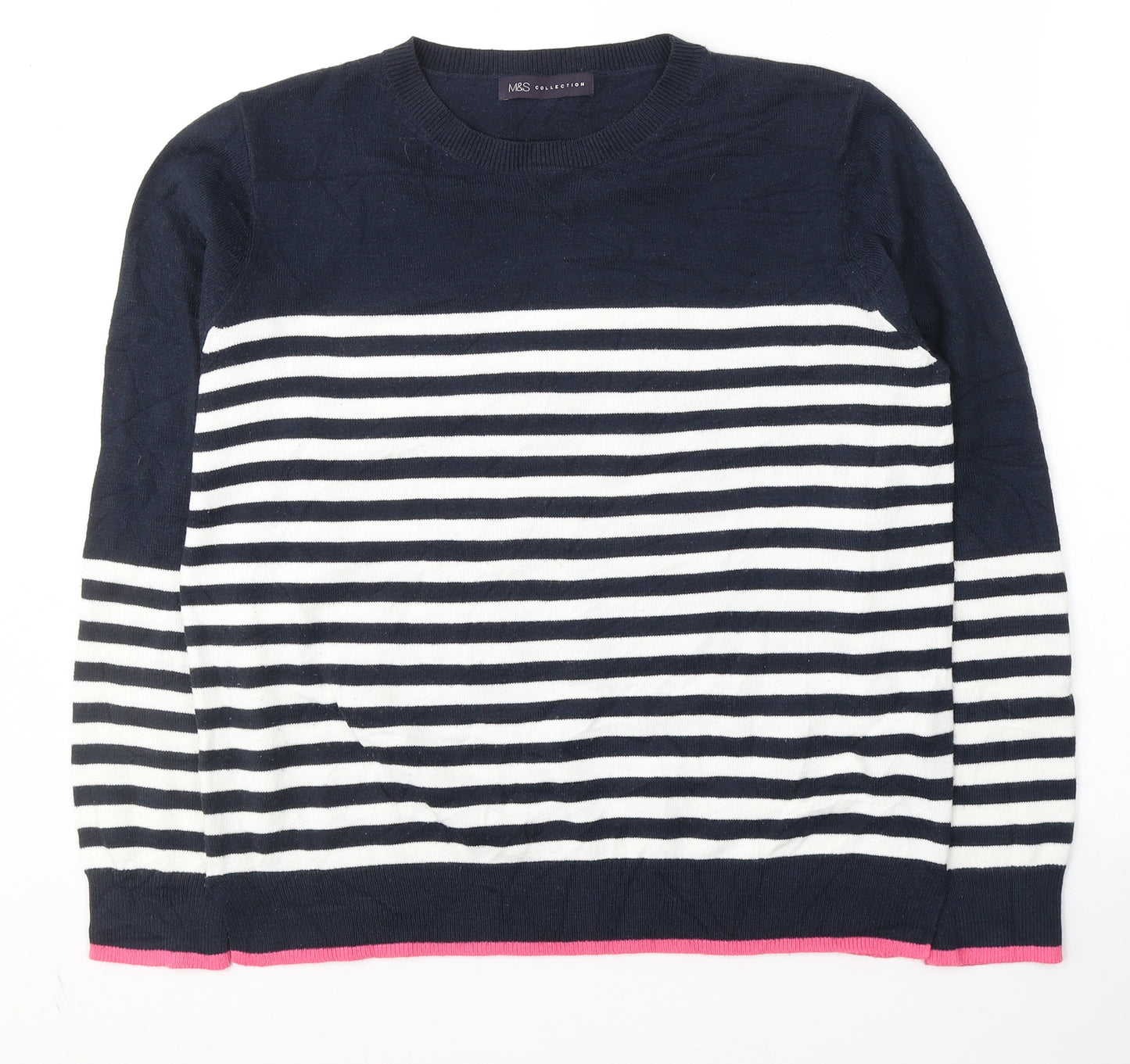 Marks and Spencer Womens Blue Round Neck Striped Acrylic Pullover Jumper Size 14