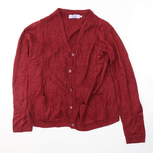 EWM Womens Red V-Neck  Acrylic Cardigan Jumper Size 10