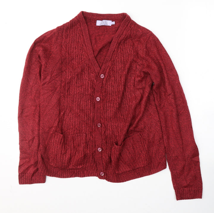 EWM Womens Red V-Neck Acrylic Cardigan Jumper Size 10