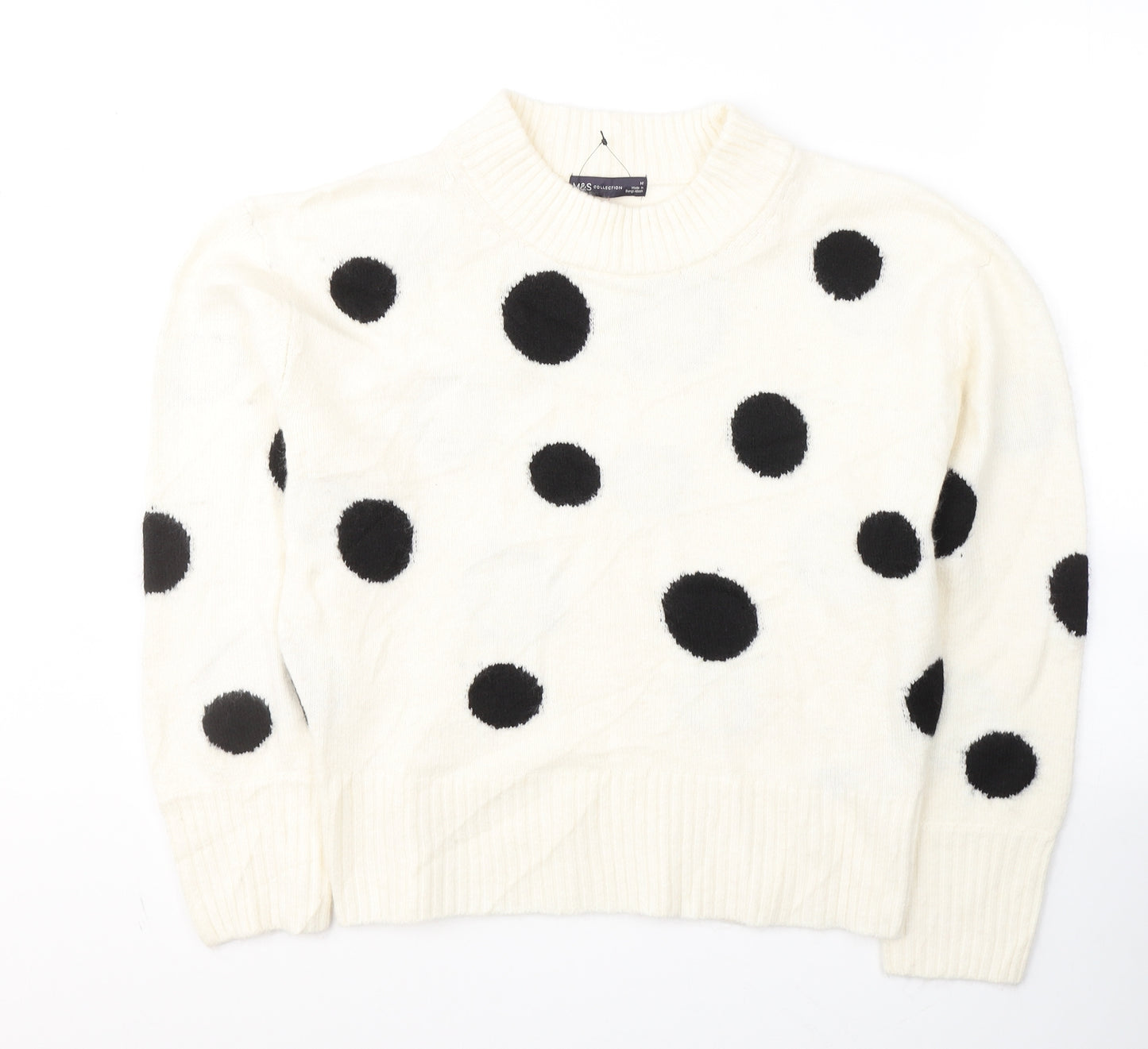 H&M Womens White Round Neck Polka Dot Acrylic Pullover Jumper Size M