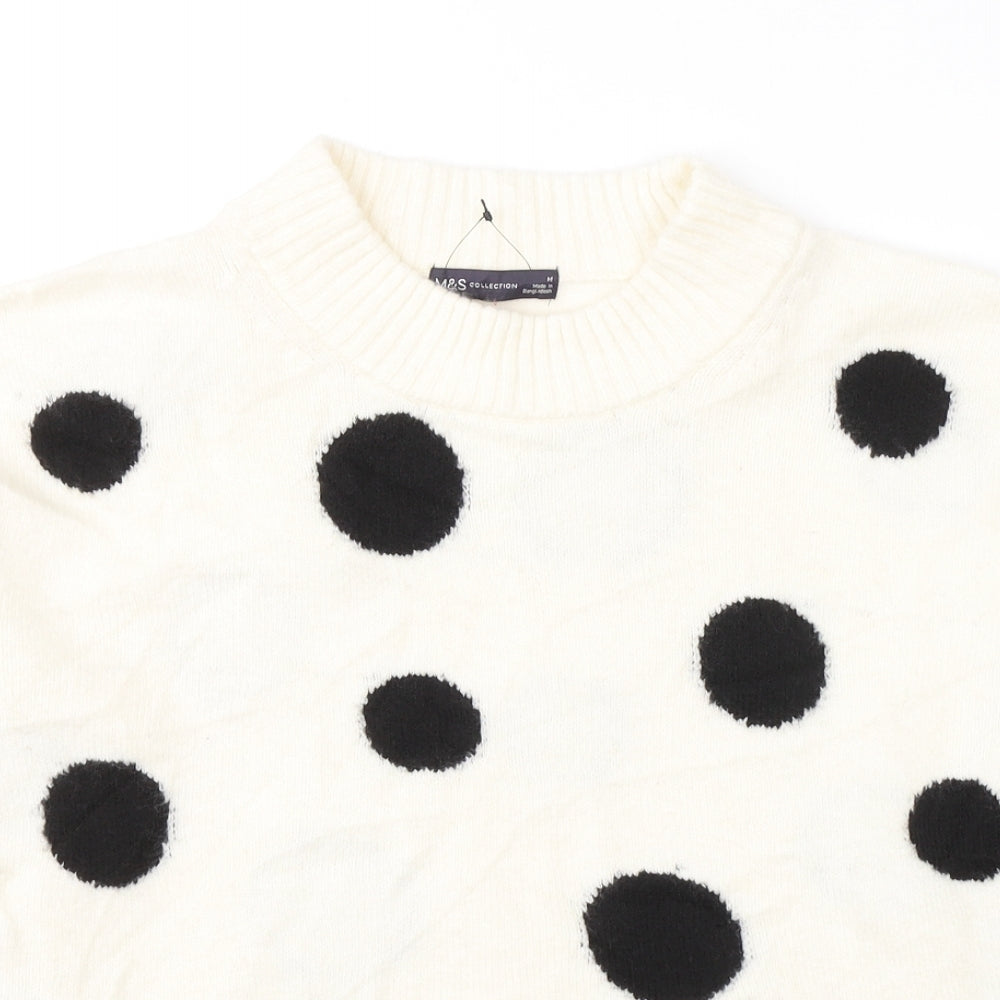 H&M Womens White Round Neck Polka Dot Acrylic Pullover Jumper Size M