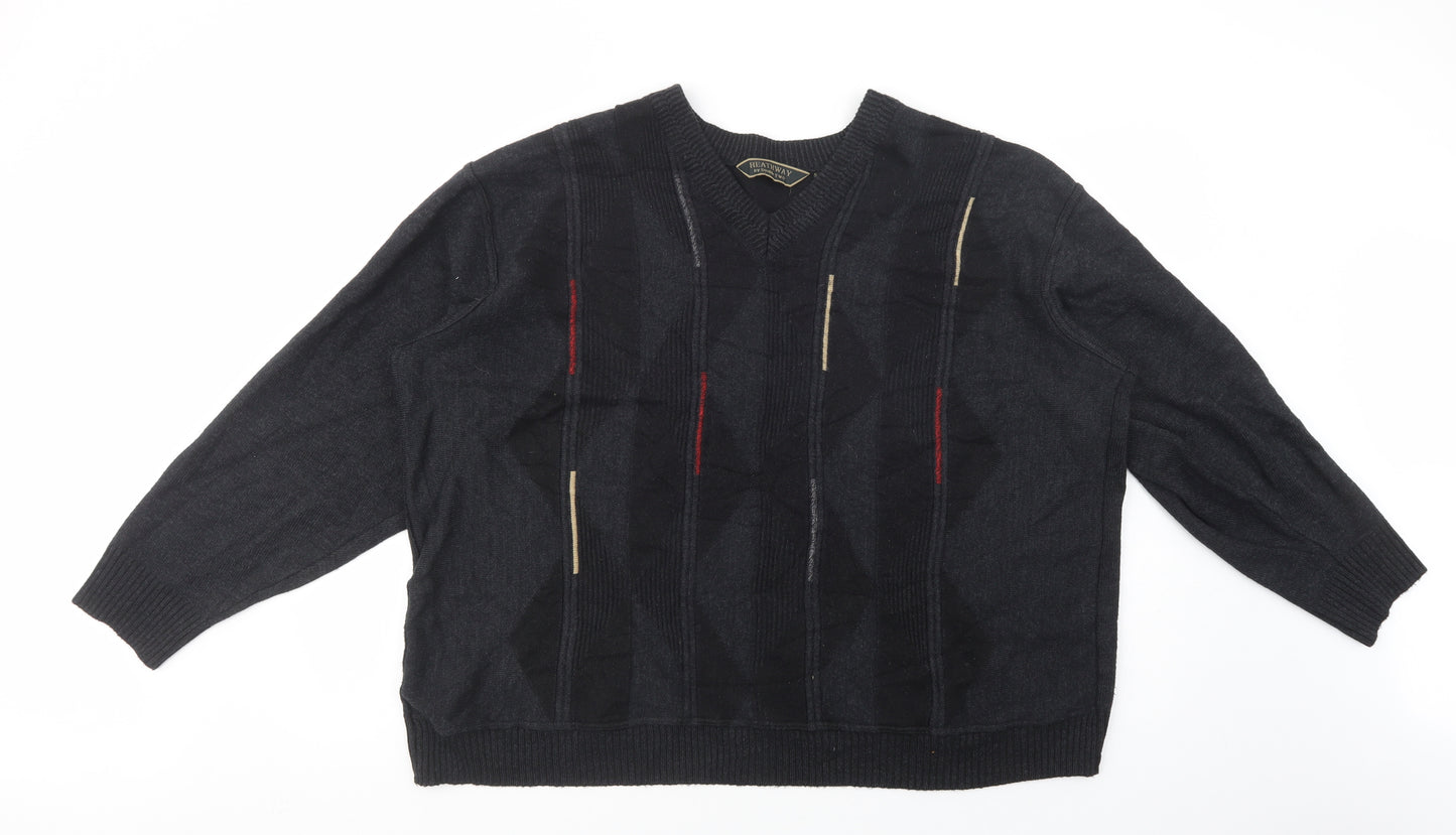 Heathway Mens Black V-Neck Geometric Wool Pullover Jumper Size Big 5X