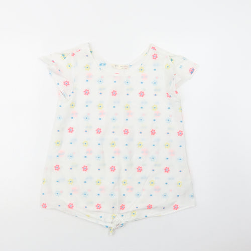 Zara Girls White Floral Cotton Basic Blouse Size 13-14 Years Crew Neck Pullover