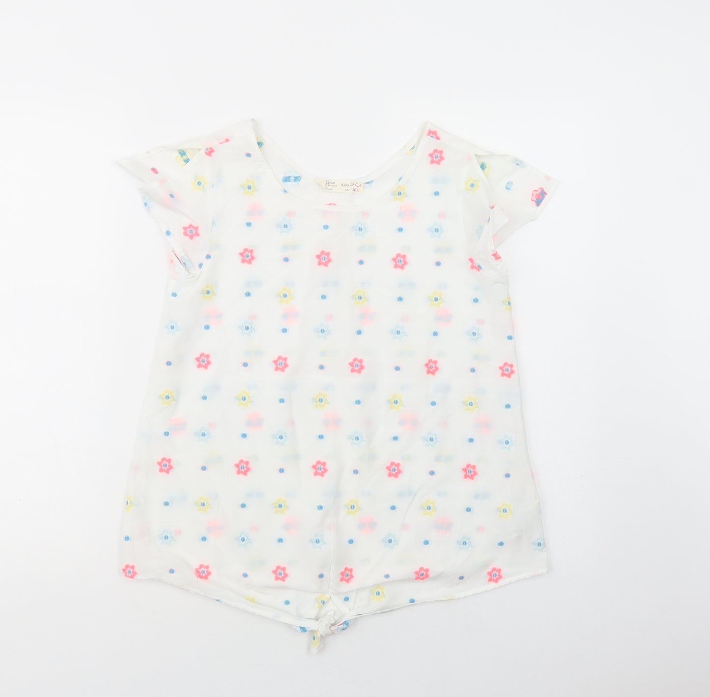 Zara Girls White Floral Cotton Basic Blouse Size 13-14 Years Crew Neck Pullover