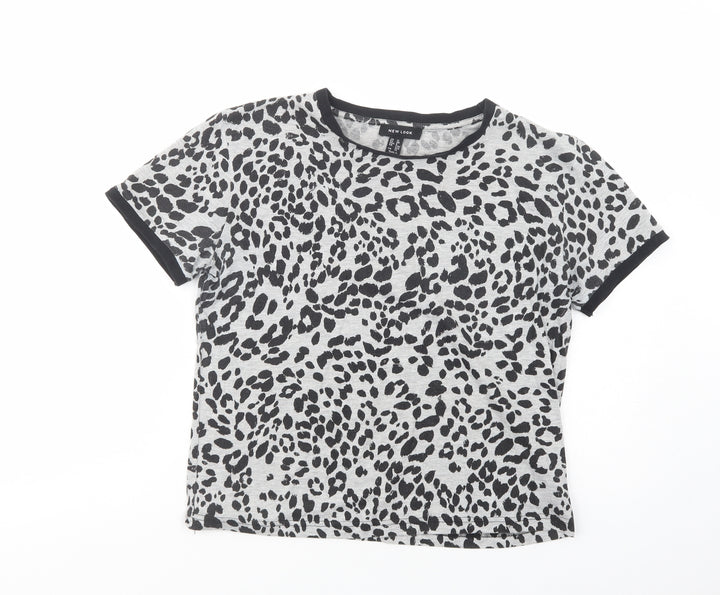 New Look Womens Grey Animal Print Polyester Basic T-Shirt Size 12 Crew Neck