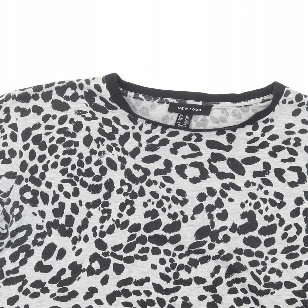 New Look Womens Grey Animal Print Polyester Basic T-Shirt Size 12 Crew Neck