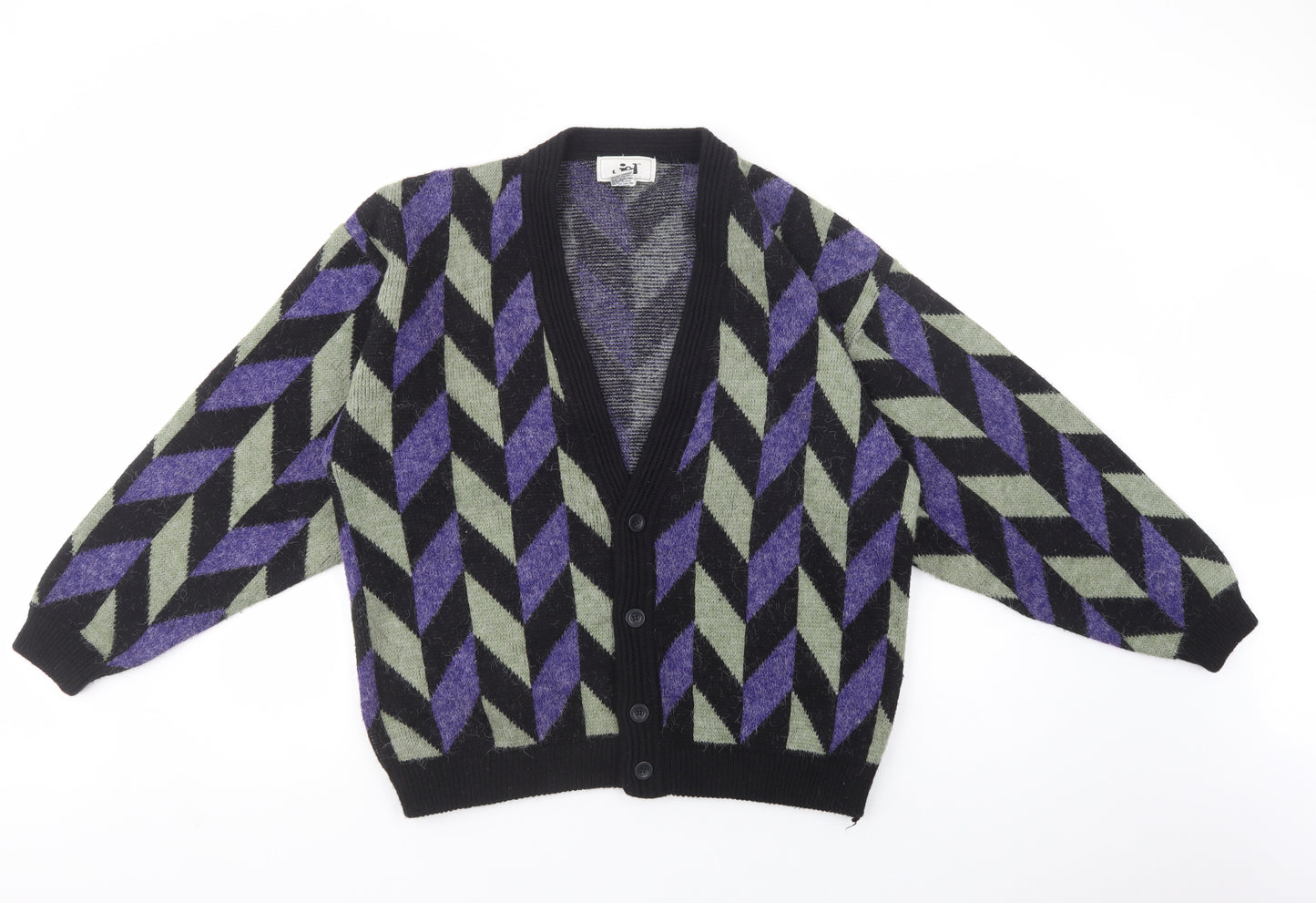 Jed Mens Multicoloured V-Neck Geometric Acrylic Cardigan Jumper Size M