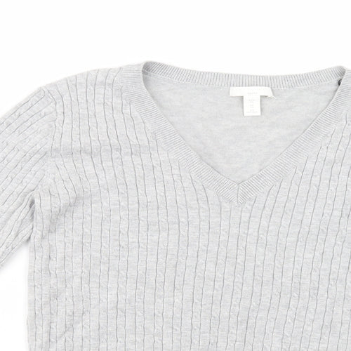 H&M Womens Grey V-Neck  Cotton Pullover Jumper Size XS