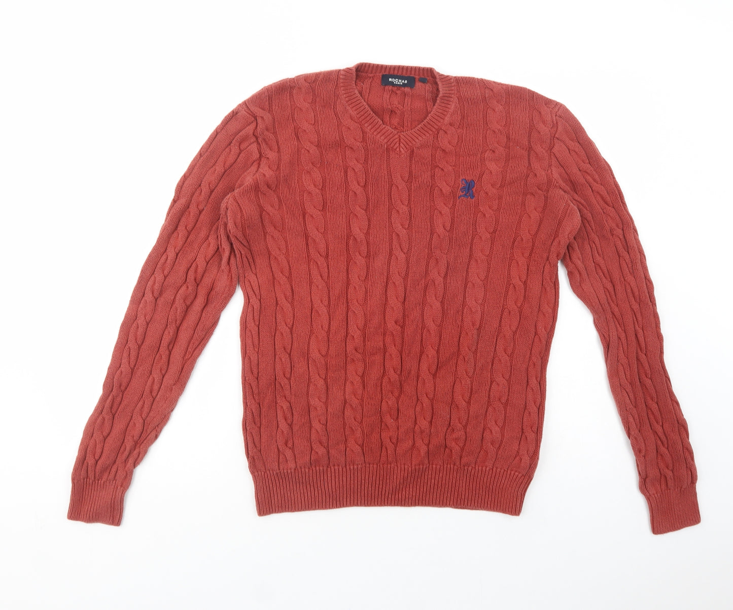 Rochas Mens Brown V-Neck  Cotton Pullover Jumper Size S