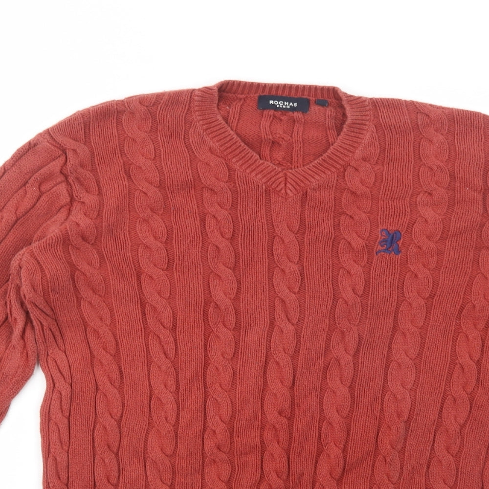 Rochas Mens Brown V-Neck  Cotton Pullover Jumper Size S