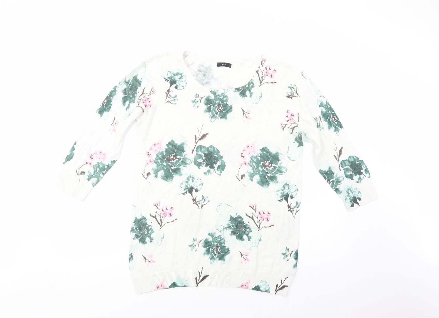 M&Co Womens White Crew Neck Floral Cotton Pullover Jumper Size 16