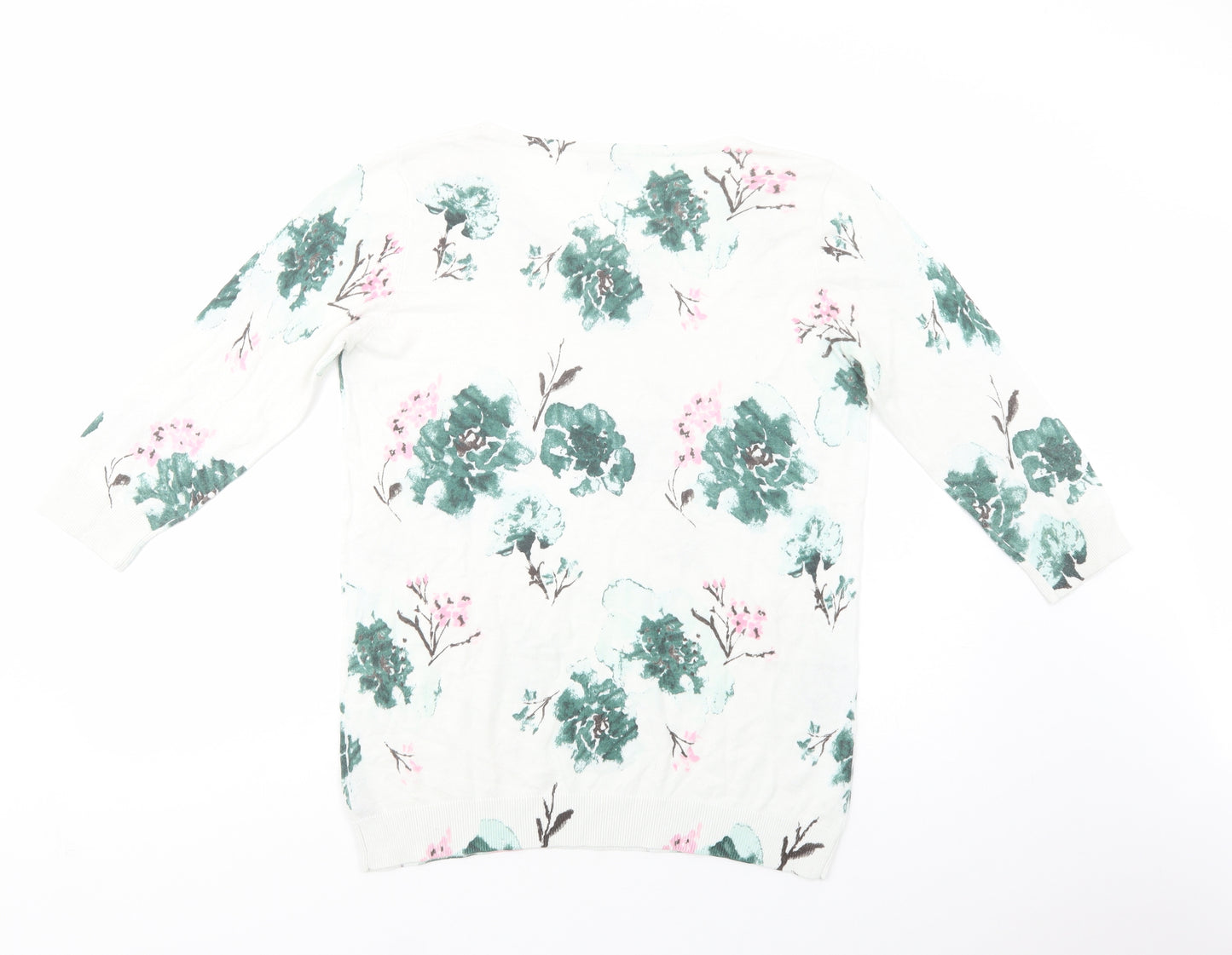 M&Co Womens White Crew Neck Floral Cotton Pullover Jumper Size 16