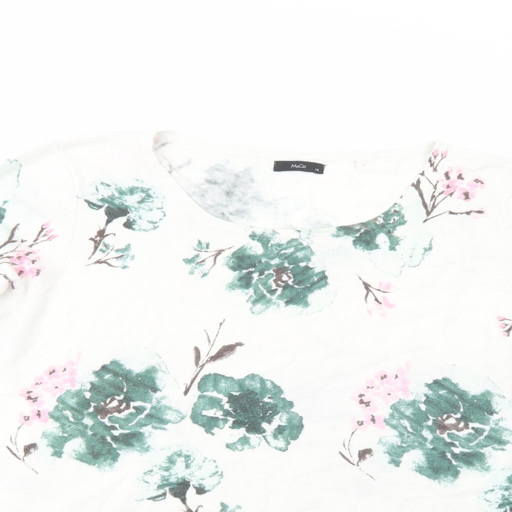 M&Co Womens White Crew Neck Floral Cotton Pullover Jumper Size 16