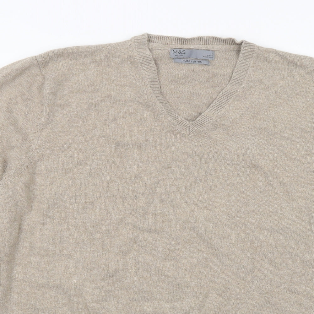 Marks and Spencer Mens Beige V-Neck  Cotton Pullover Jumper Size L