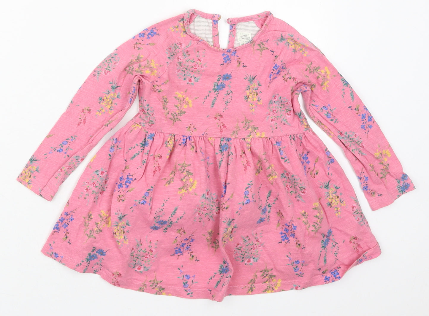 NEXT Girls Pink Floral Cotton Skater Dress  Size 18-24 Months  Crew Neck Button
