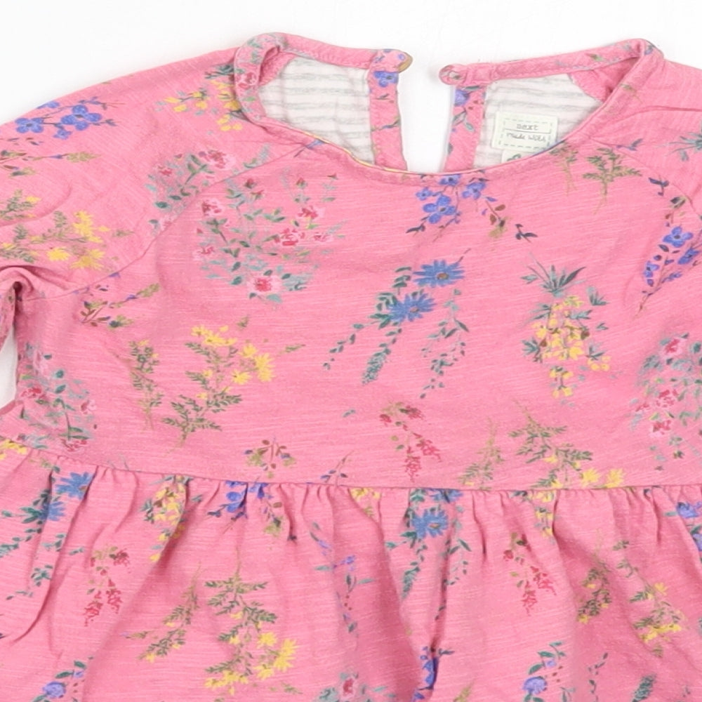 NEXT Girls Pink Floral Cotton Skater Dress  Size 18-24 Months  Crew Neck Button