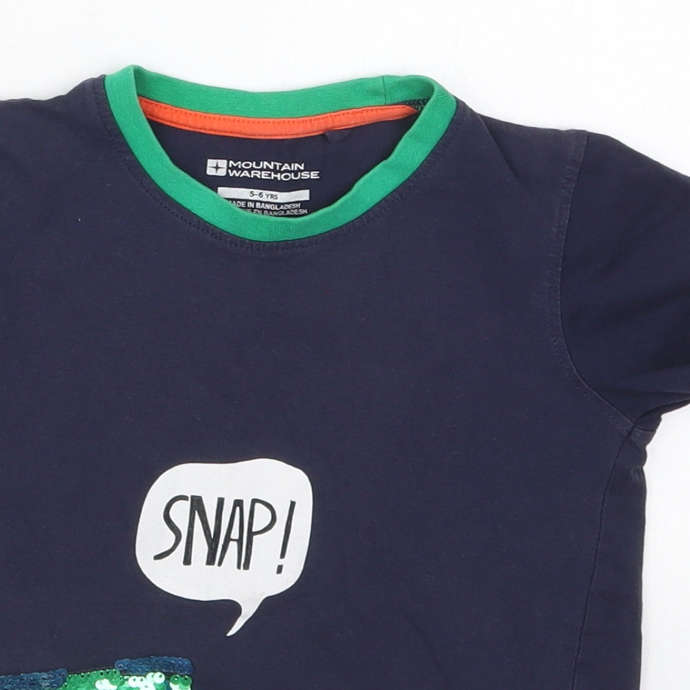 Mountain Warehouse Boys Blue  Cotton Basic T-Shirt Size 5-6 Years Crew Neck Pullover - Snap Crocodile