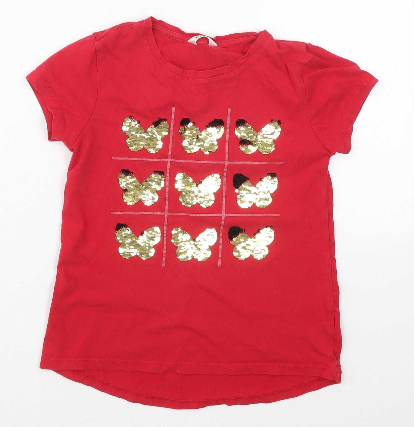 M&Co Girls Red  Cotton Basic T-Shirt Size 9-10 Years Crew Neck Pullover - Butterflies