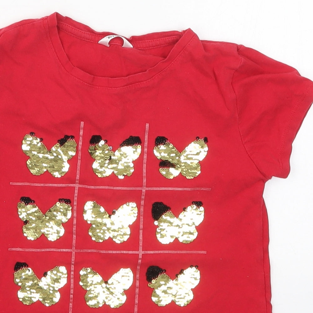 M&Co Girls Red  Cotton Basic T-Shirt Size 9-10 Years Crew Neck Pullover - Butterflies