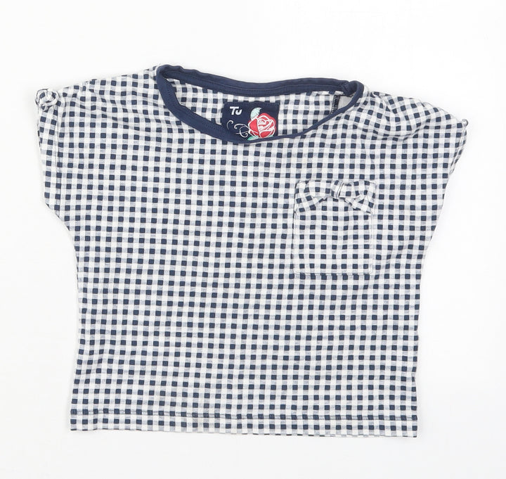TU Girls Blue Check Cotton Basic T-Shirt Size 6 Years Crew Neck Pullover